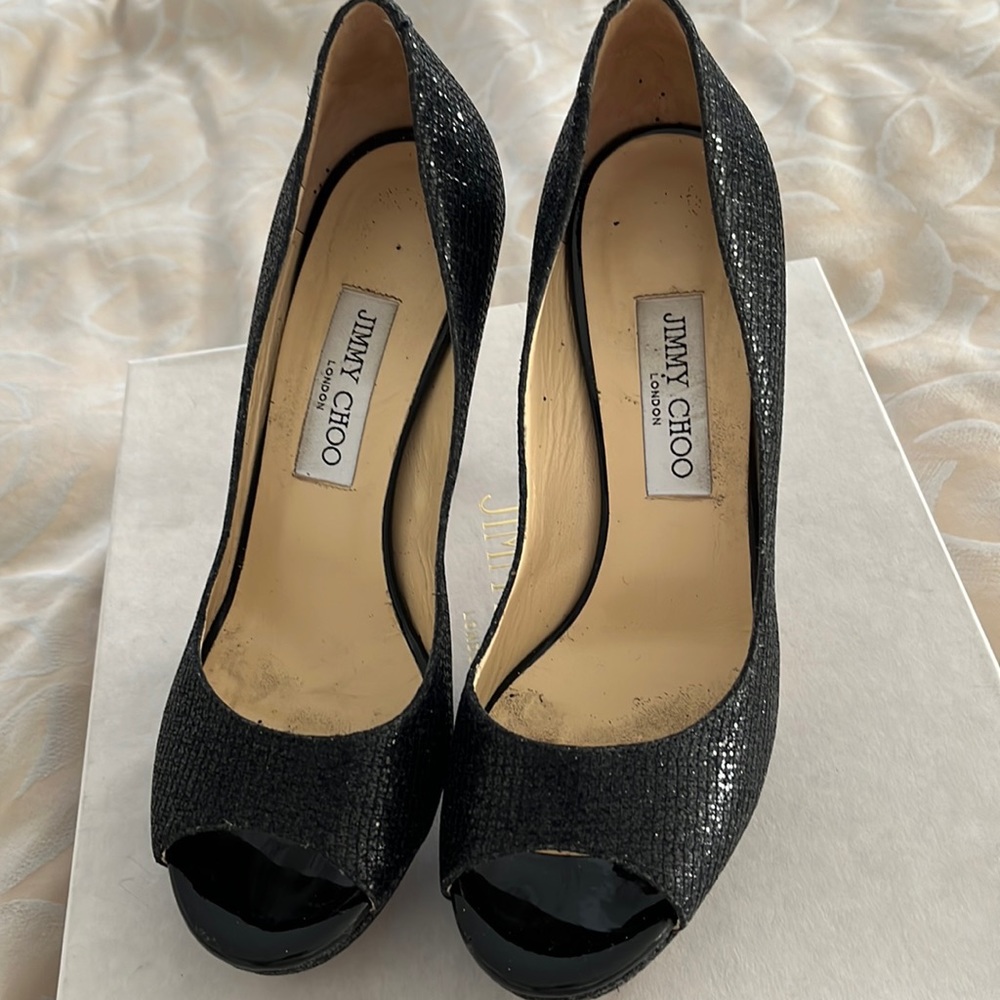 Jimmy Choo Black Glitter Open Toed Pumps Gem